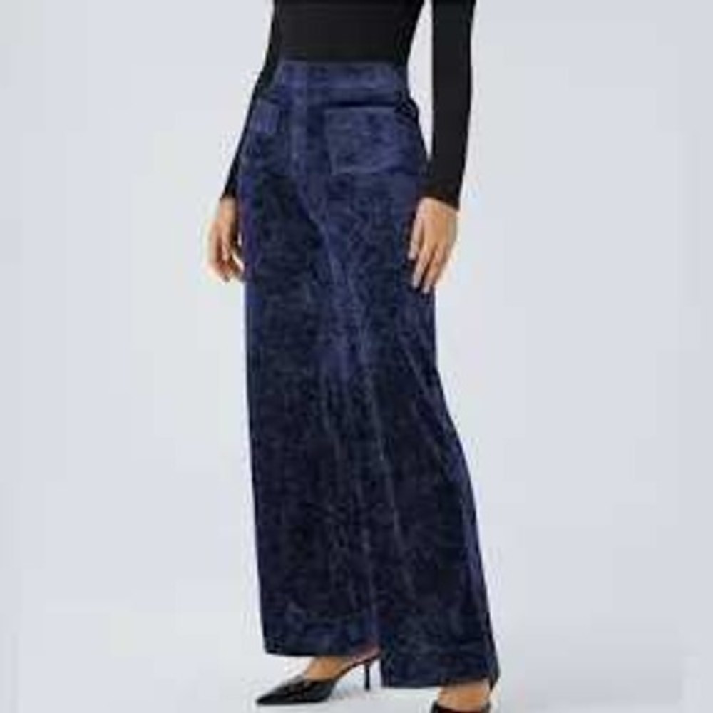 Halara Women Pants S Navy Blue Crushed Velvet Wide Leg High Waist Button Front